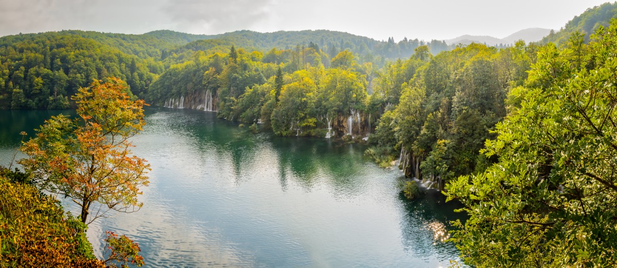 Panoramic view of a big lake with waterfalls - Plitvice NP, Croatia